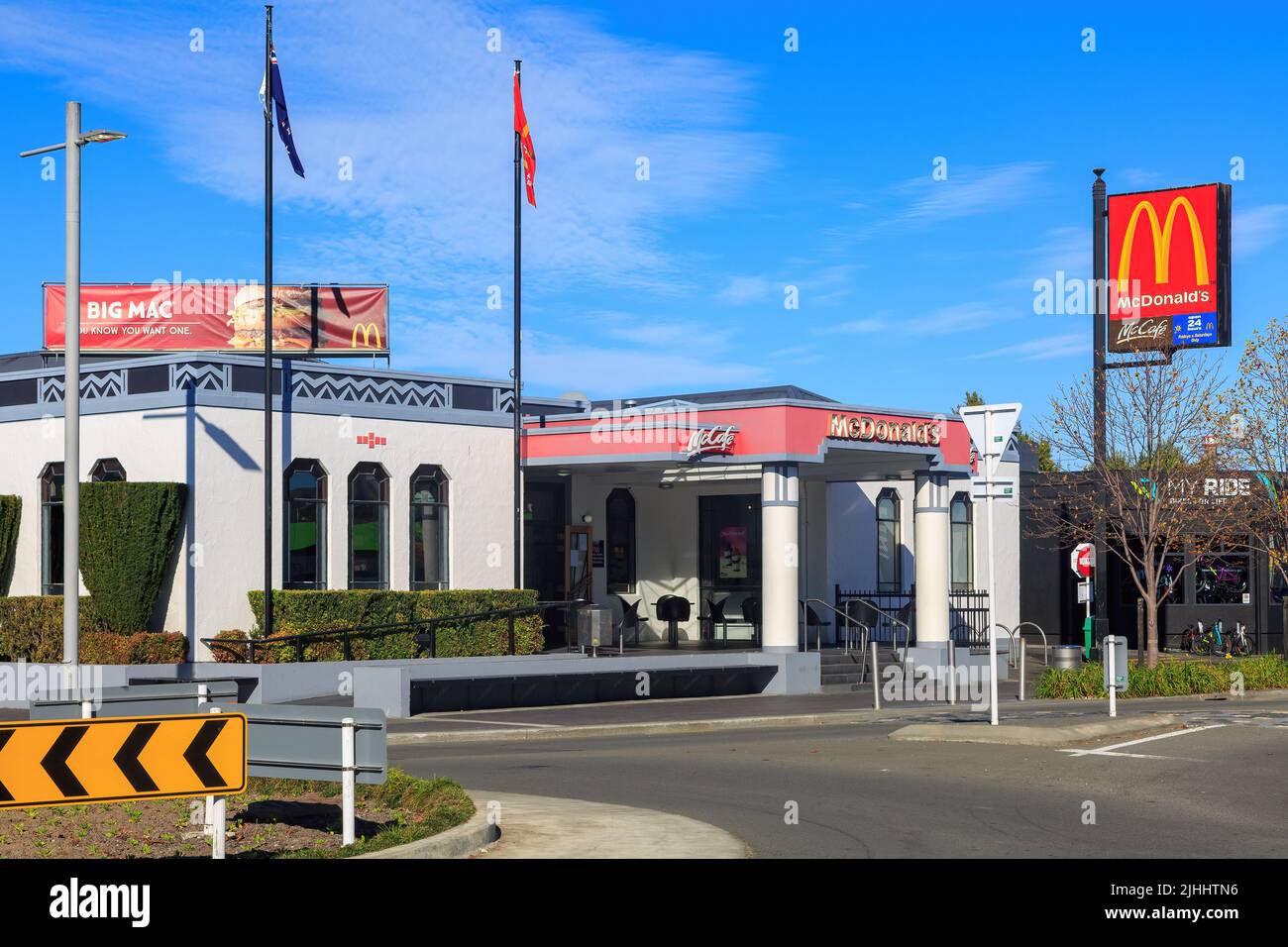 A McDonald's restaurant in Taradale, a suburb of Napier, New Zealand. It is in a retro Art Deco style to match Napier's many historic buildings Stock Photo