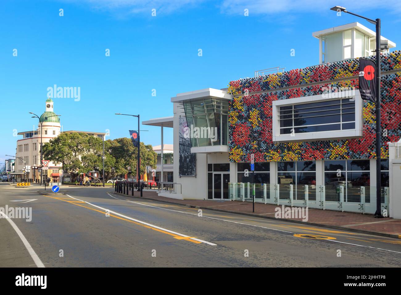 Napier, New Zealand. A view down Marine Parade, with the MTG (Museum, Theatre, Gallery) building in the foreground and the Art Deco 'The Dome' behind Stock Photo
