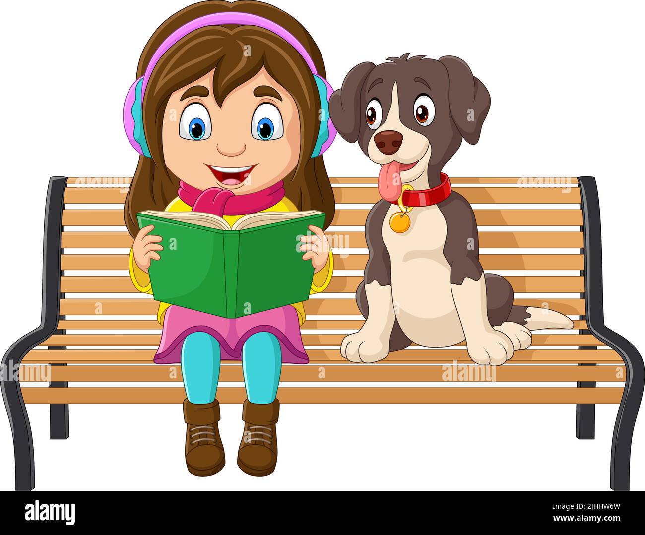 Cartoon little girl sitting and reading a book on a park bench with her ...