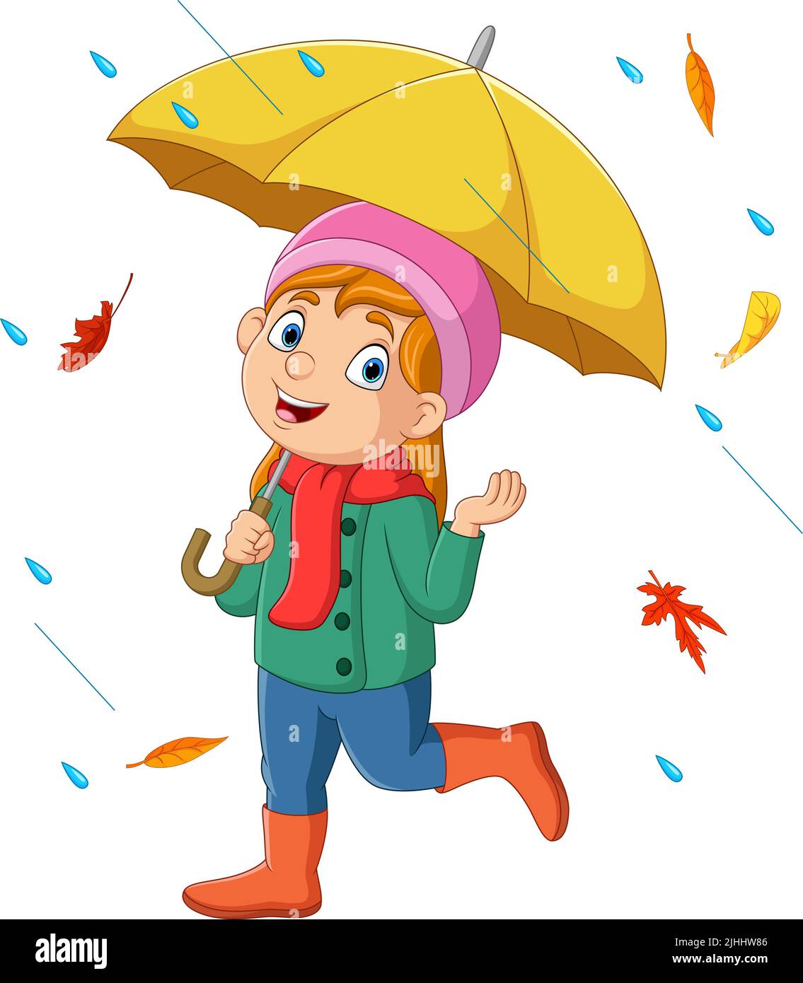 Cartoon little girl holding umbrella in the rain and falling autumn leaves Stock Vector