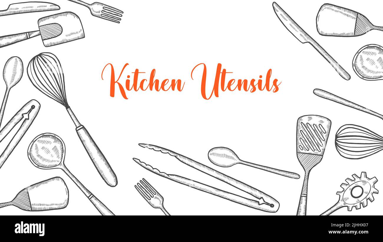 kitchen utensils set collection with hand drawn sketch for background ...