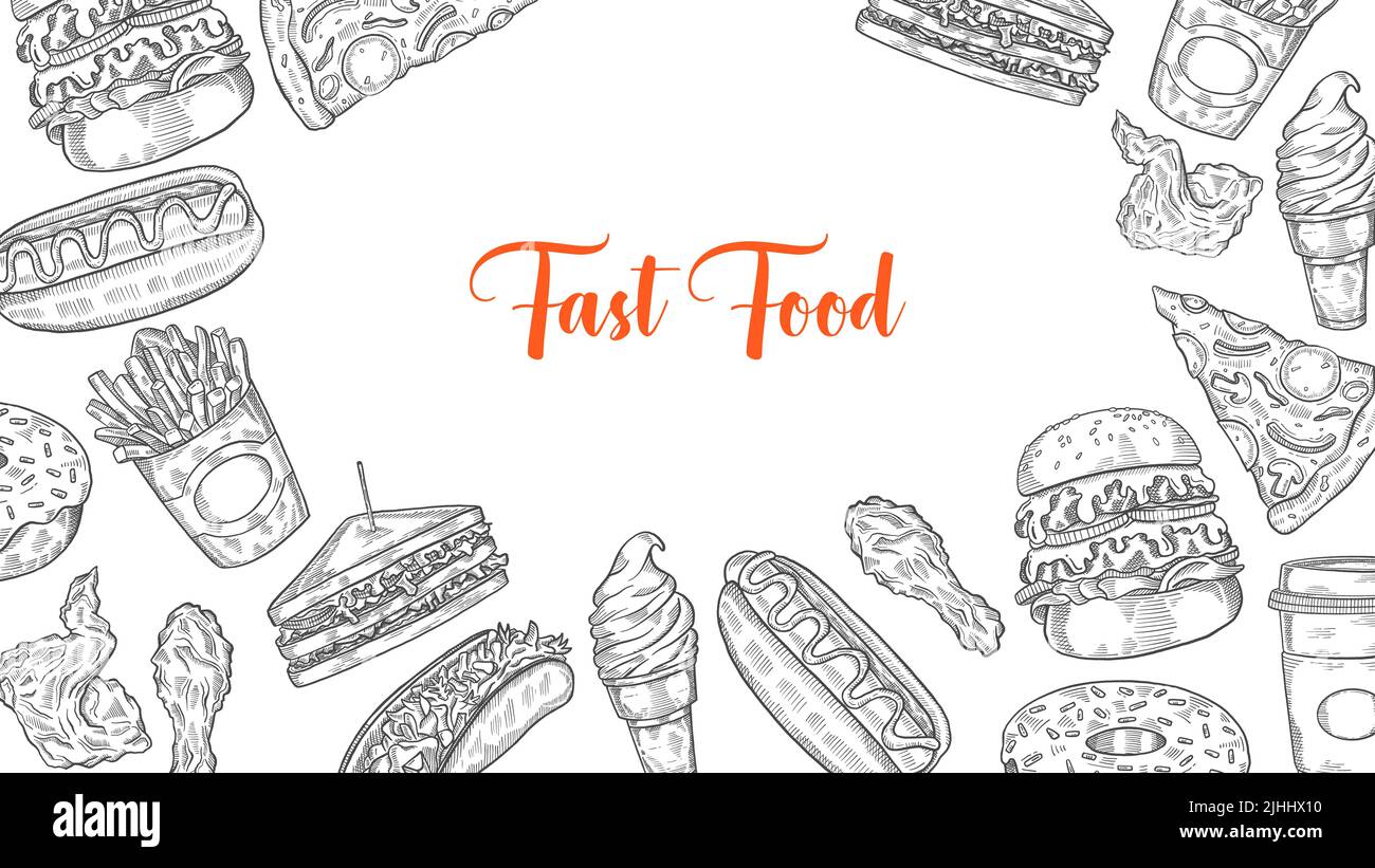 Fast Food set collection with hand drawn sketch for background banner ...