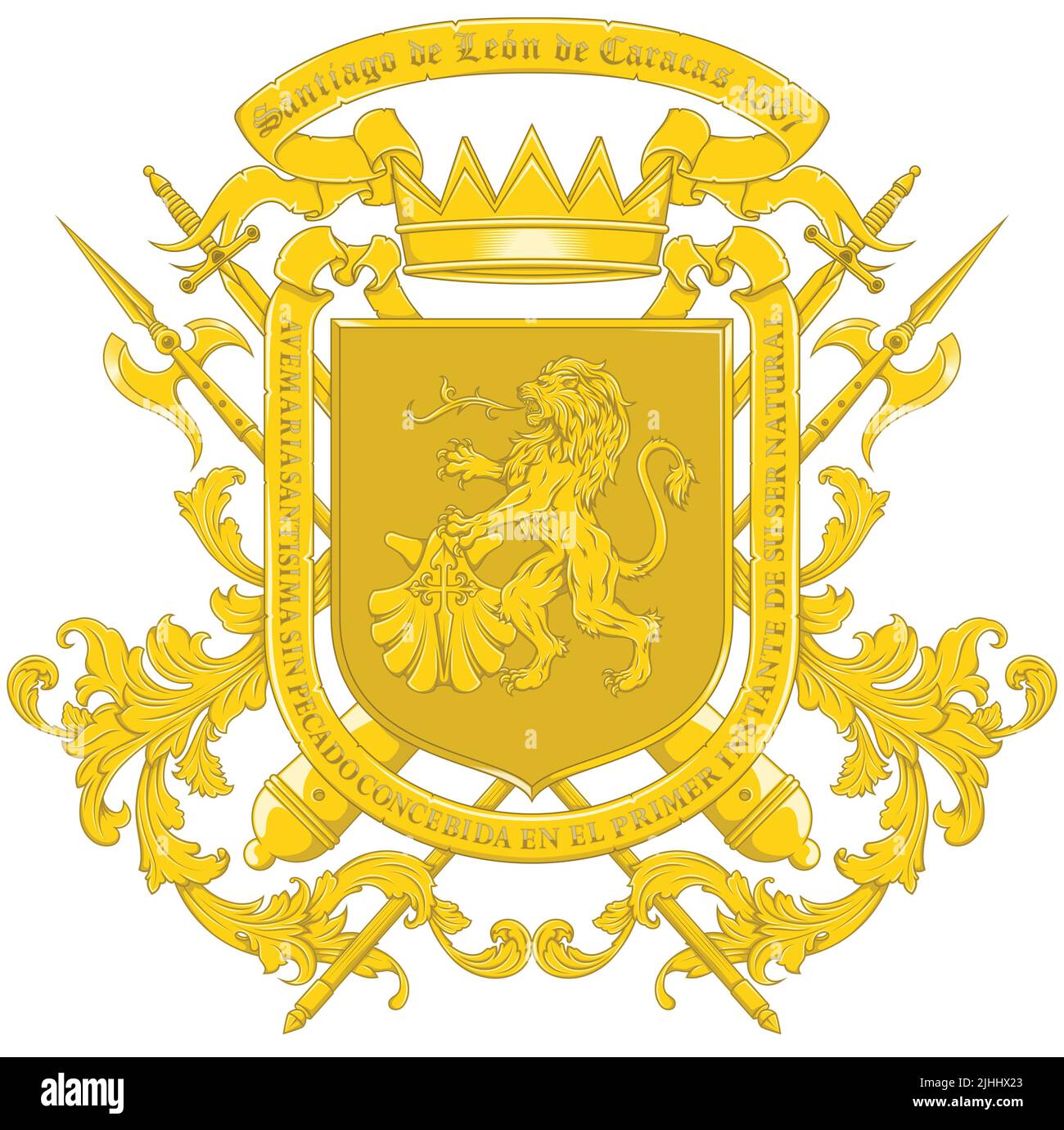 Coat of arms of the city of Caracas Venezuela, coat of arms of Santiago de León de Caracas was granted by King Philip II of Spain Stock Vector