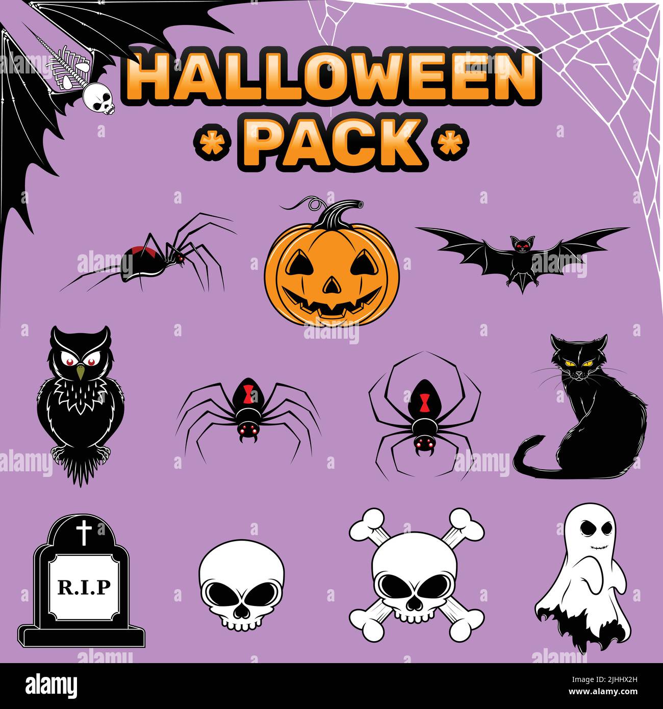Vector design of pack of characteristic element of Halloween day. Halloween pack with bat, ghost, black cat, spiders, skulls and pumpkin Stock Vector