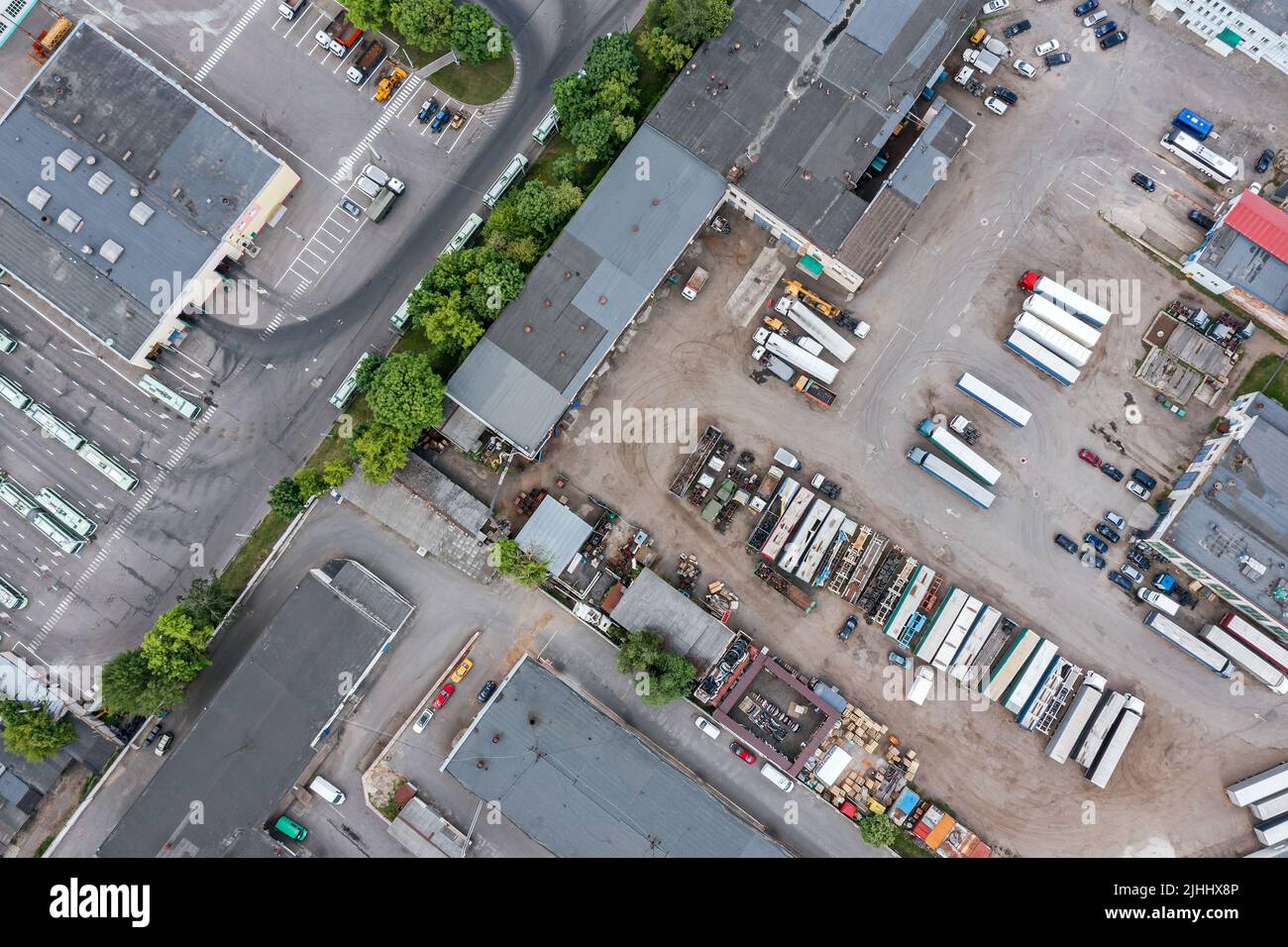 urban industrial area. aerial top drone view from above. industrial background. Stock Photo