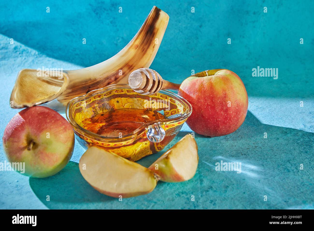 Rosh hashanah - jewish new year holiday concept. Apple-shaped bowl with ...