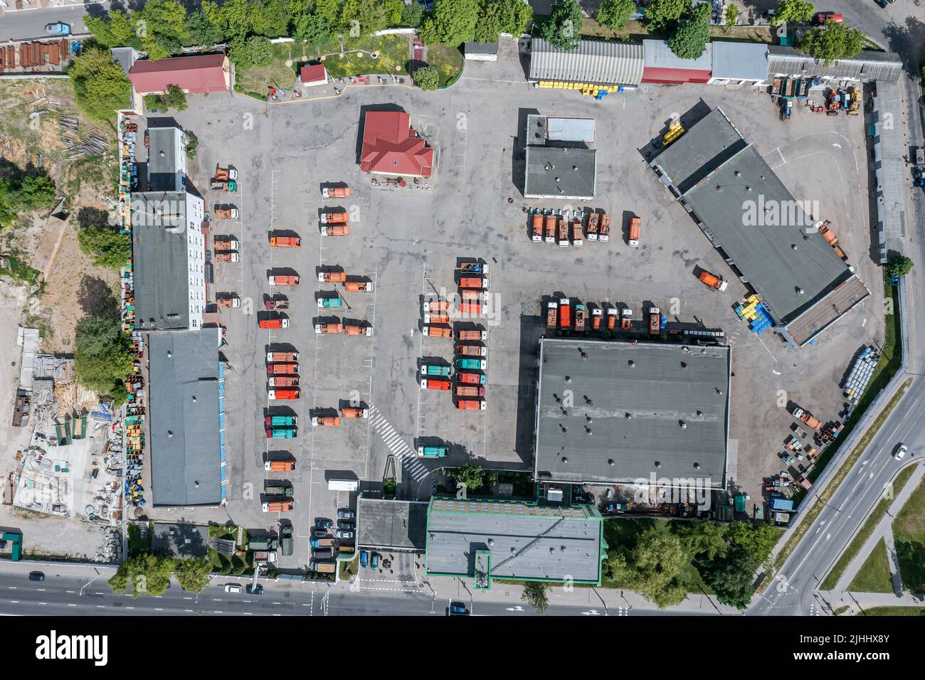 parking lot of special transport of urban communal service. aerial top view. Stock Photo