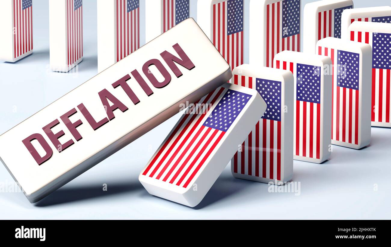 USA America and Deflation, causing a national problem and a falling economy. Deflation as a driving force in the possible decline of USA America.,3d i Stock Photo