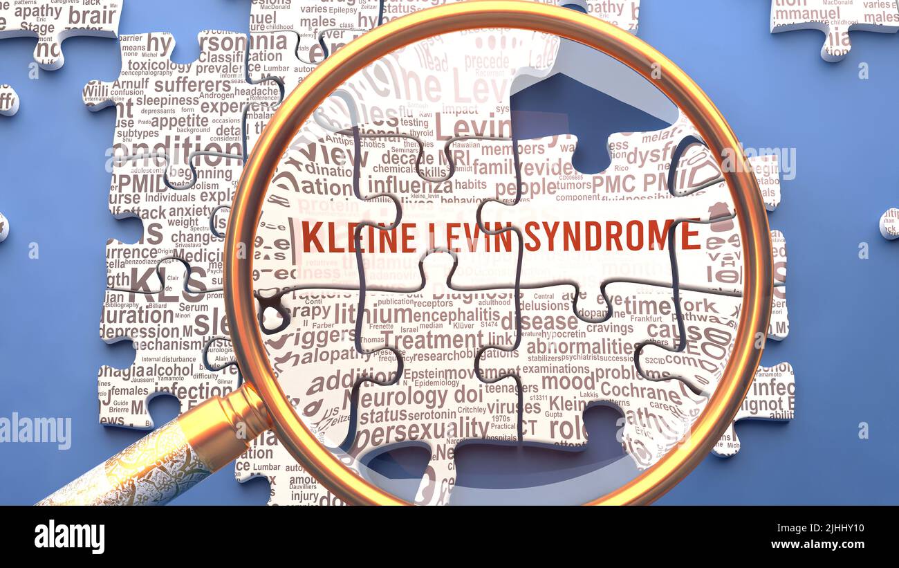Kleine levin syndrome as a complex topic under close inspection. Complexity shown as puzzle pieces with dozens of ideas and concepts correlated to Kle Stock Photo