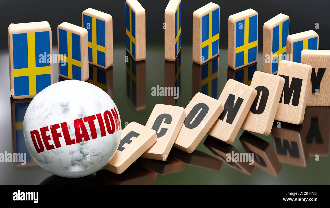 Sweden and deflation, economy and domino effect - chain reaction in Sweden set off by deflation causing a crash - economy blocks and Sweden flag,3d il Stock Photo