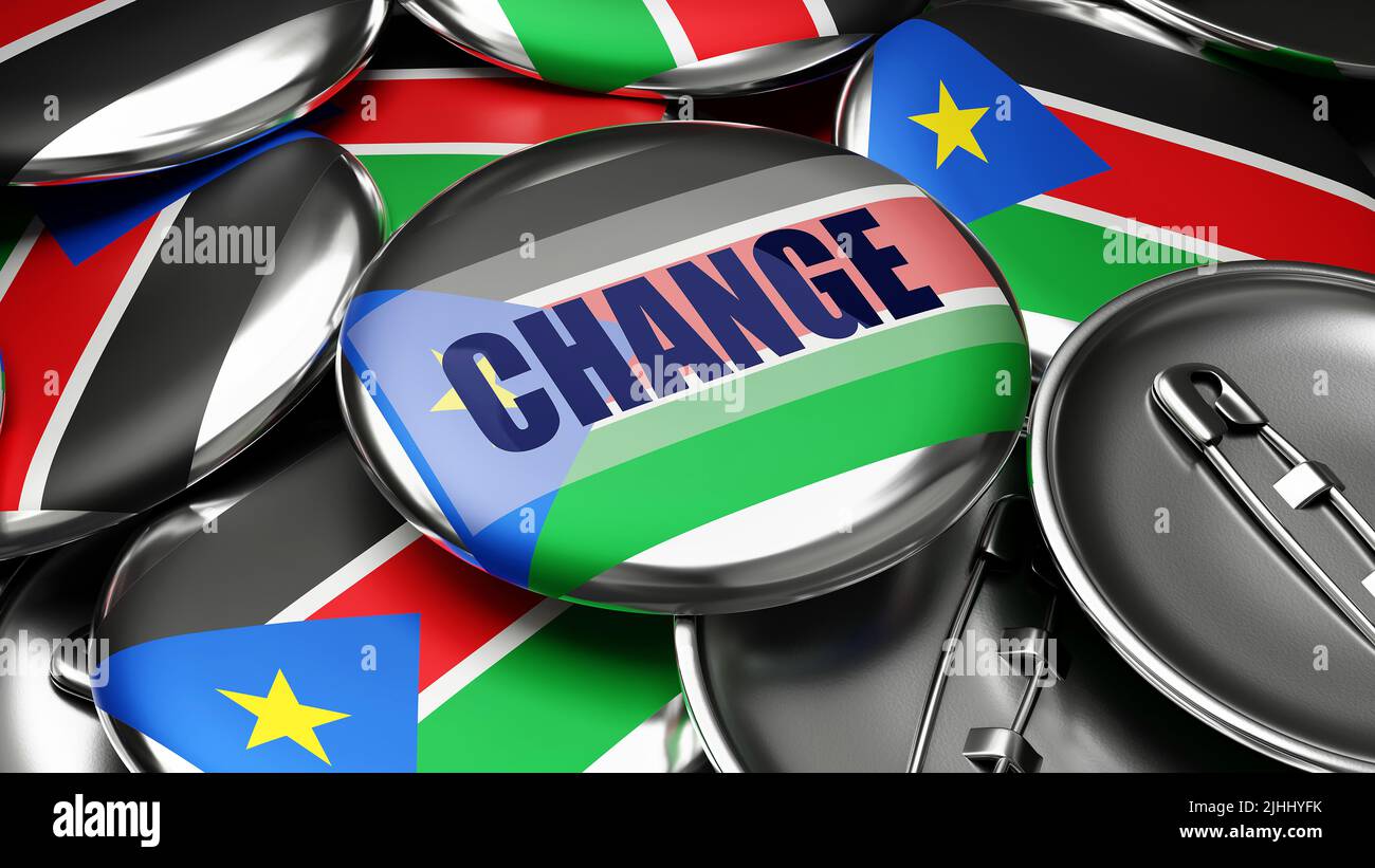Change in South Sudan - national flag of South Sudan on dozens of pinback buttons symbolizing upcoming Change in this country. ,3d illustration Stock Photo