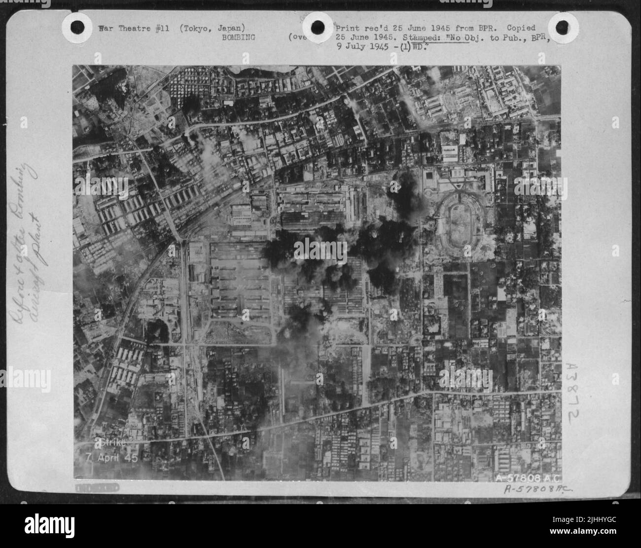 During - Strike Photo Of Nakajima Aircraft Musashino Plant, Tokyo, Japan. 7 April 1945. Stock Photo