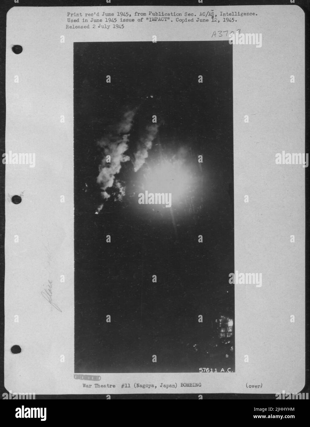 Flare Bomb Reflecting On Smoke Plumes, Made This Ghostly Photo Taken During Nagoya, Japanese Night Attack, 25 March 1945. Stock Photo