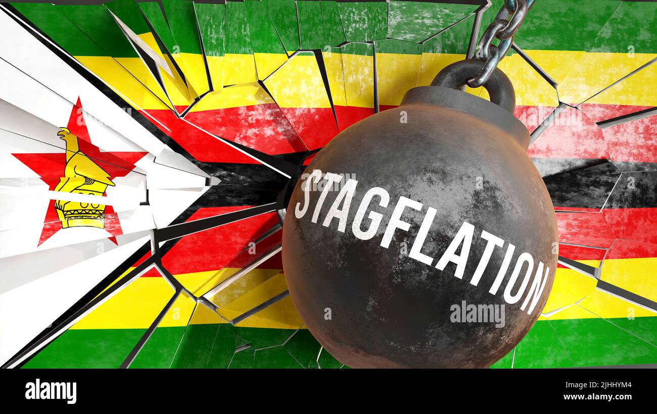 Zimbabwe and Stagflation that destroys the country and wrecks the economy. Stagflation as a force causing possible future decline of the nation,3d ill Stock Photo