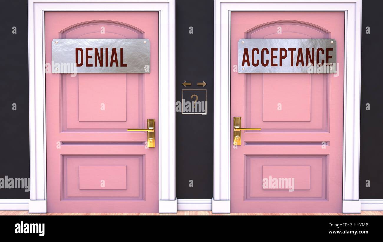 Denial or Acceptance - making decision by choosing either one option. Two alaternatives shown as doors leading to different outcomes.,3d illustration Stock Photo