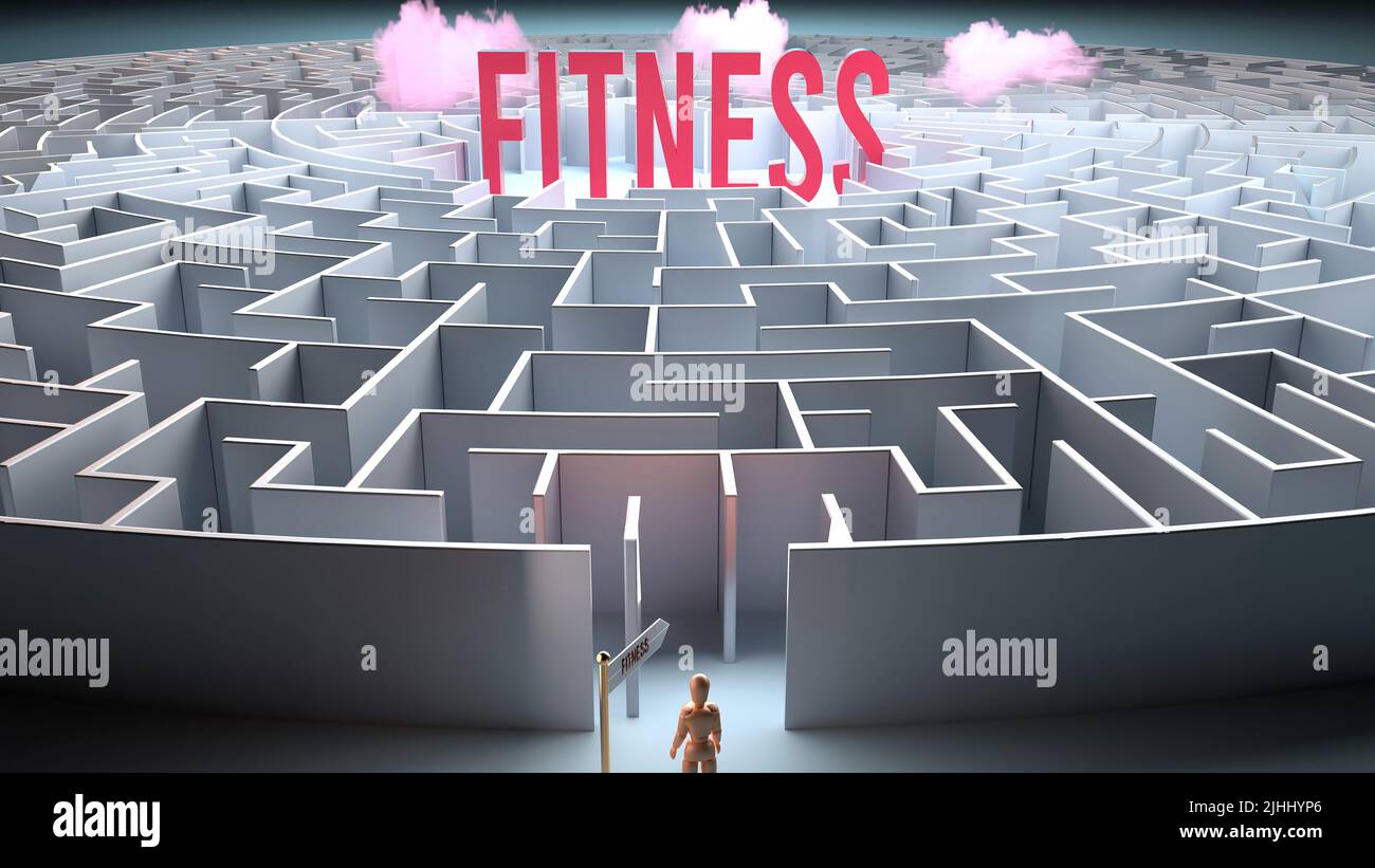 Fitness and a challenging path that leads to it - confusion and frustration in seeking it, complicated journey to Fitness,3d illustration Stock Photo