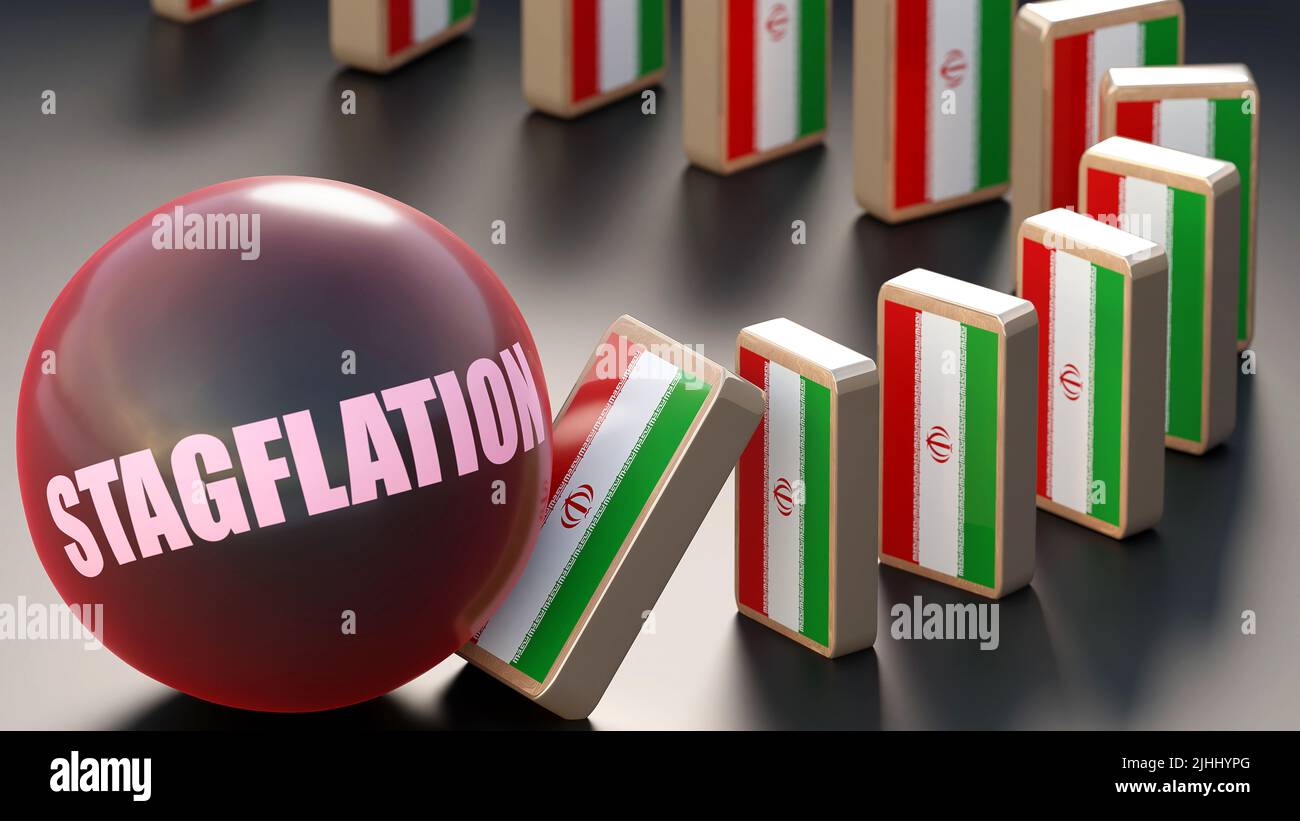 Iran and stagflation, causing a national problem and a falling economy. Stagflation as a driving force in the possible decline of Iran.,3d illustratio Stock Photo