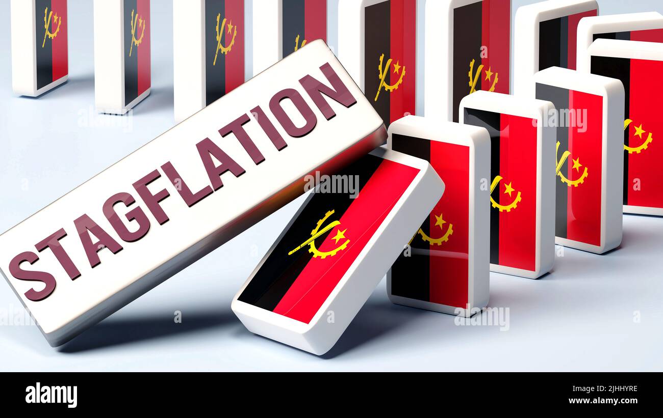 Angola and Stagflation, causing a national problem and a falling economy. Stagflation as a driving force in the possible decline of Angola.,3d illustr Stock Photo