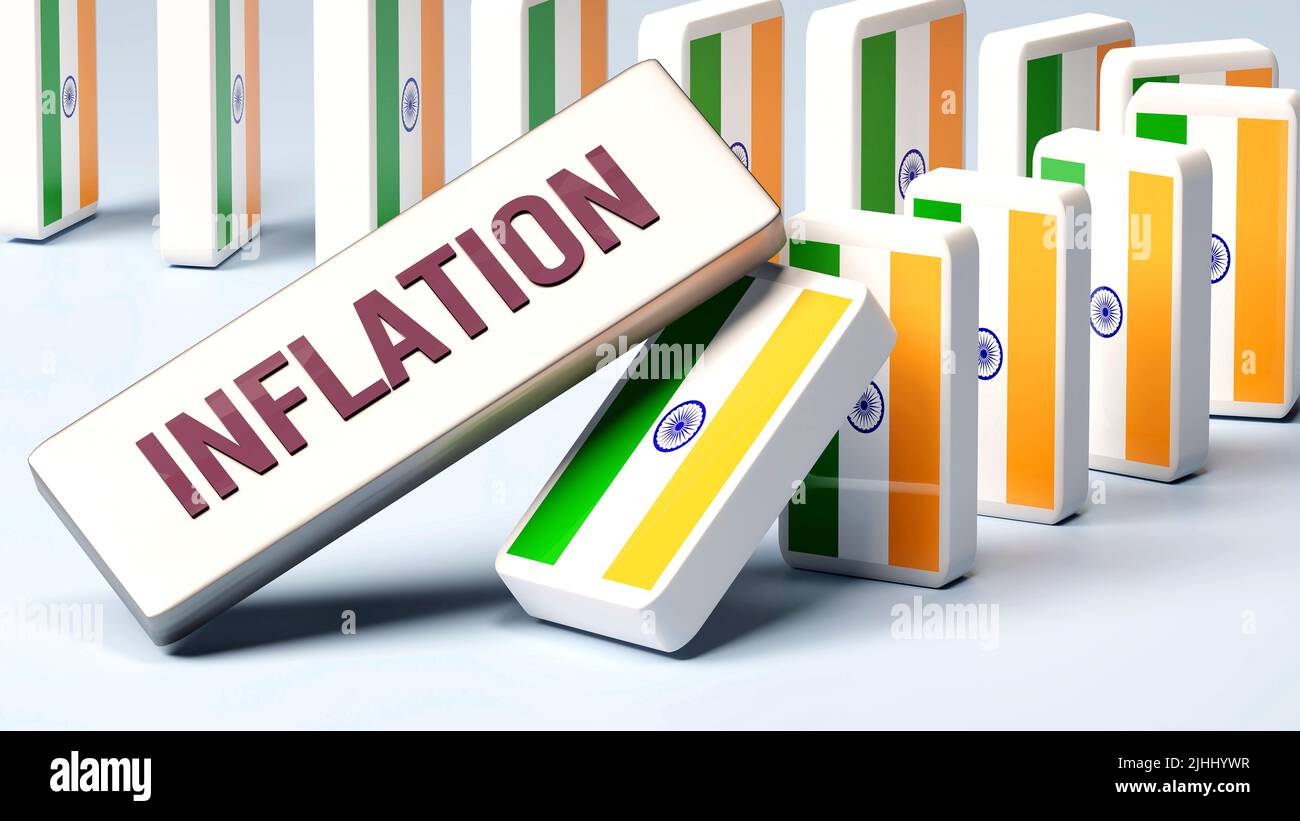 India and Inflation, causing a national problem and a falling economy. Inflation as a driving force in the possible decline of India.,3d illustration Stock Photo