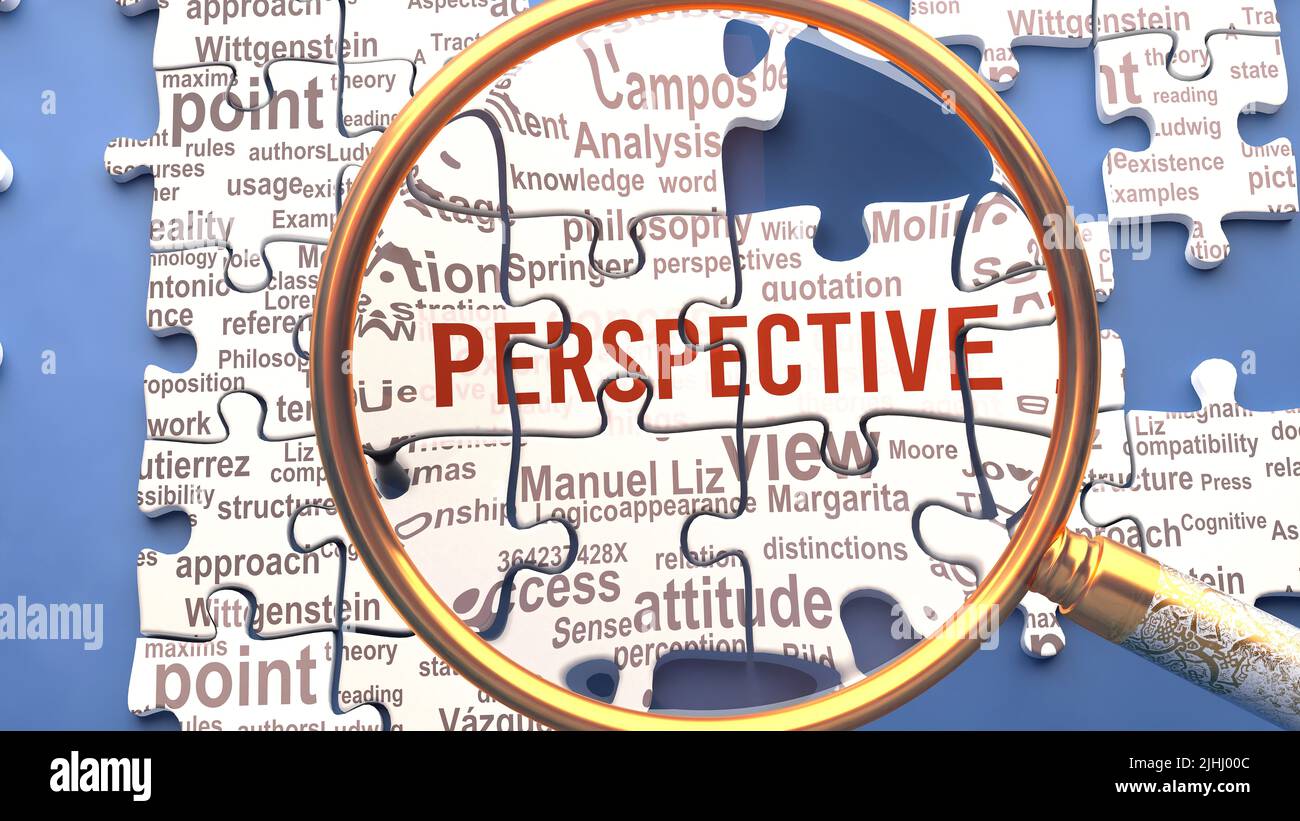 Perspective as a complex and multipart topic under close inspection. Complexity shown as matching puzzle pieces defining dozens of vital ideas and con Stock Photo