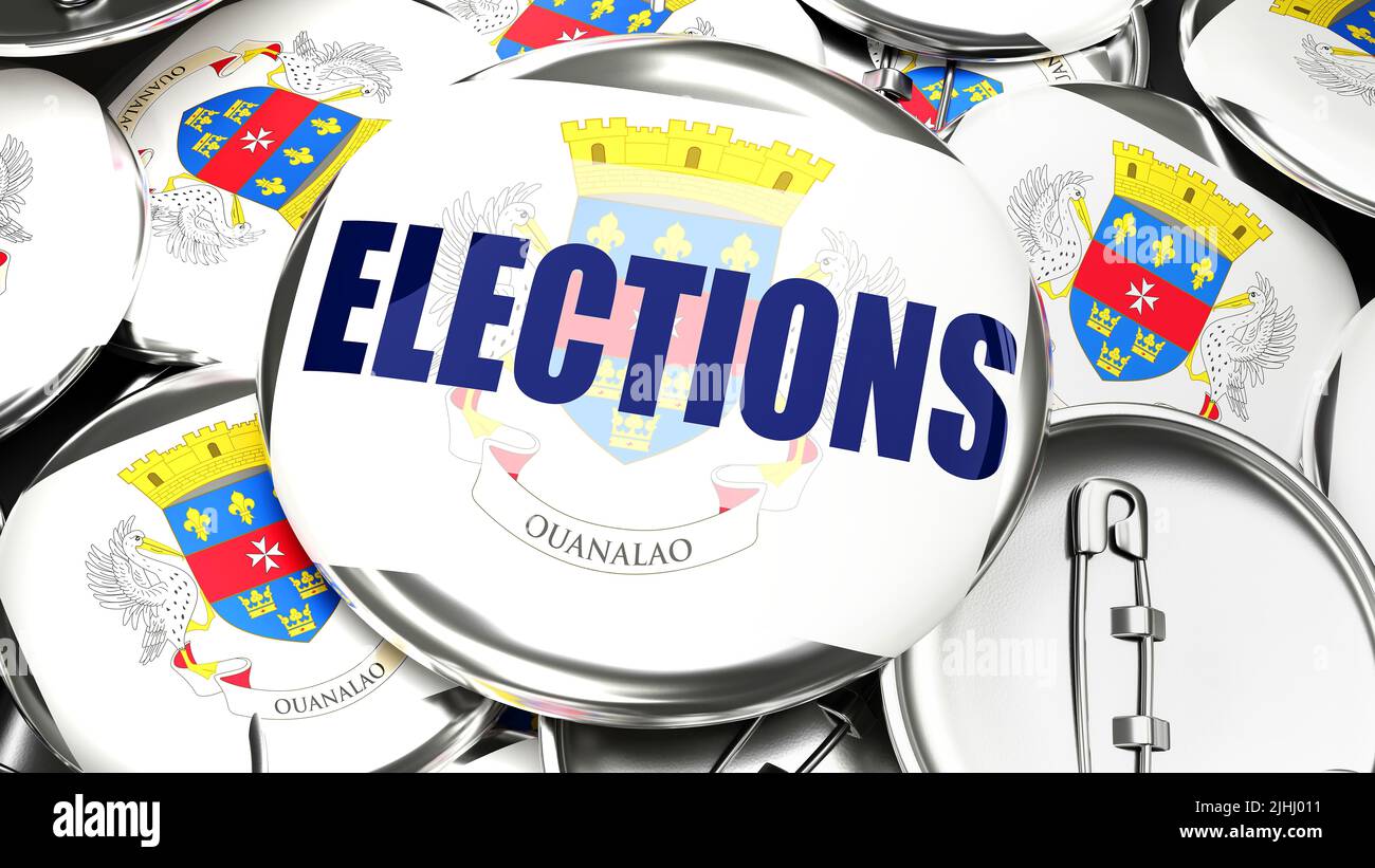 Saint Barthelemy and Elections - dozens of pinback buttons with a flag of Saint Barthelemy and a word Elections. 3d render symbolizing upcoming Electi Stock Photo