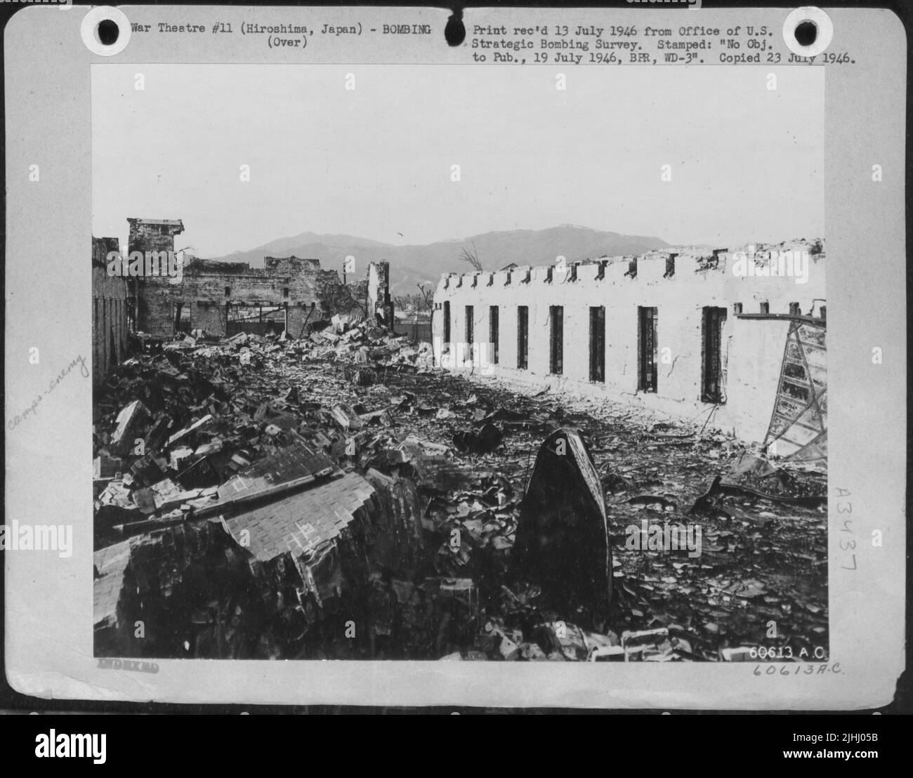 Remains Of A Barracks At The Japanese Army Divisional Grounds, 4,200 Feet From Ground Zero At Hiroshima, Japan. Note How Brick Debris Lines Inside Wall Facing The Atomic Blast. Stock Photo