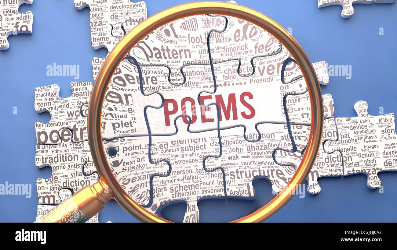 Poems as a complex and multipart topic under close inspection. Complexity shown as matching puzzle pieces defining dozens of vital ideas and concepts Stock Photo