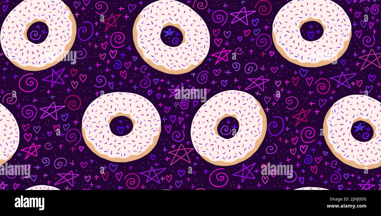 Donuts seamless pattern on a dark background Stock Vector