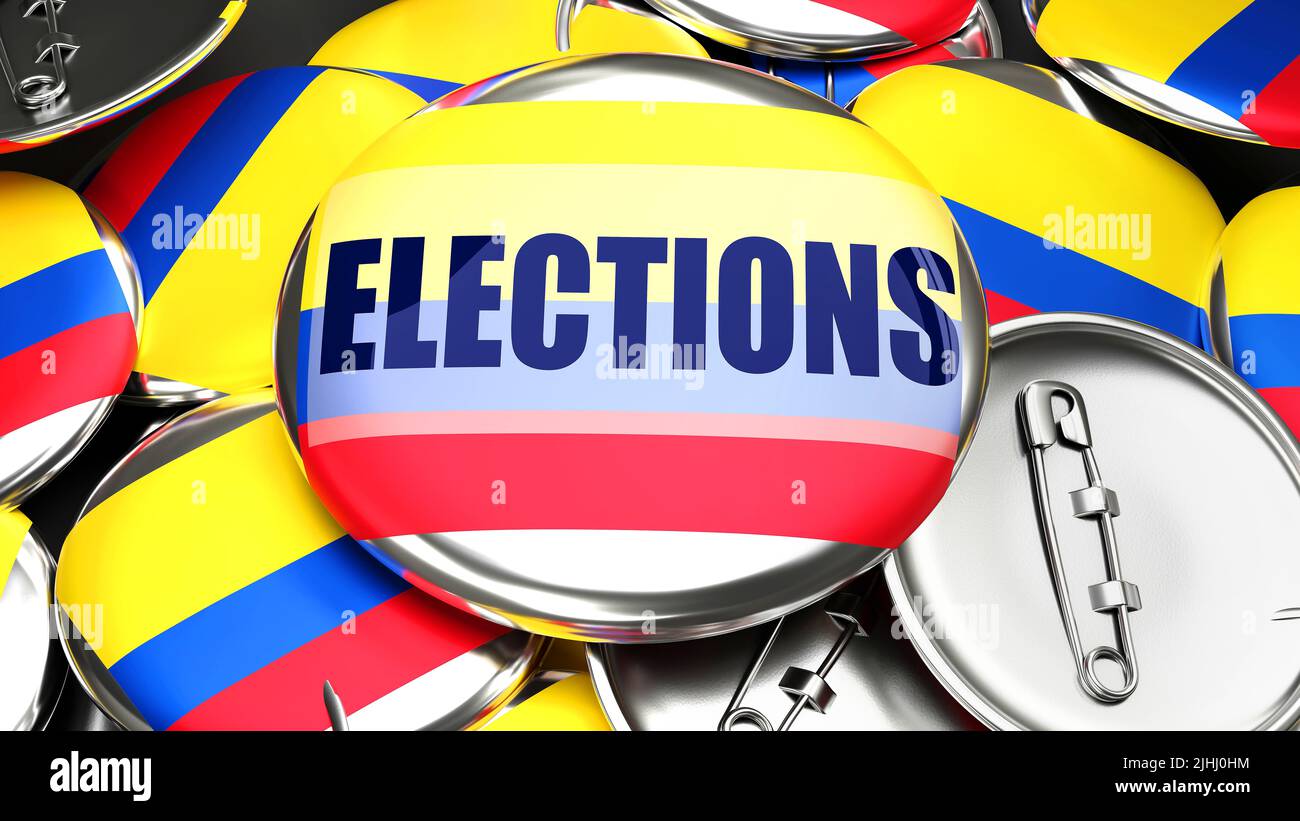 Colombia and Elections - dozens of pinback buttons with a flag of Colombia and a word Elections. 3d render symbolizing upcoming Elections in this coun Stock Photo