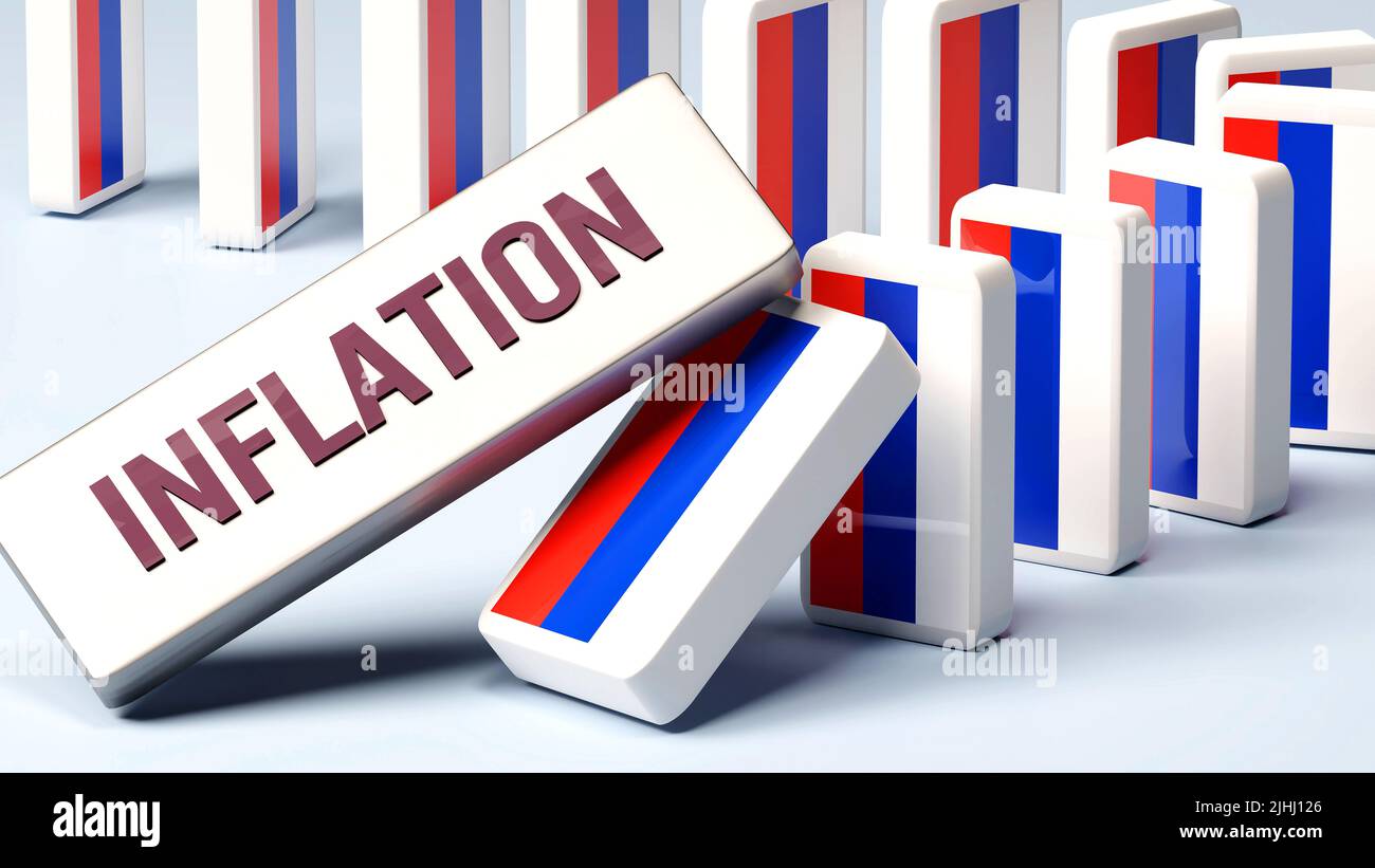 Russia and Inflation, causing a national problem and a falling economy. Inflation as a driving force in the possible decline of Russia.,3d illustratio Stock Photo