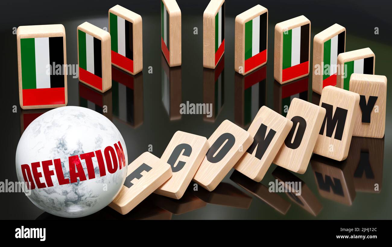 United Arab Emirates and deflation, economy and a domino effect - chain reaction in the economy set off by Deflation causing collapse.,3d illustration Stock Photo