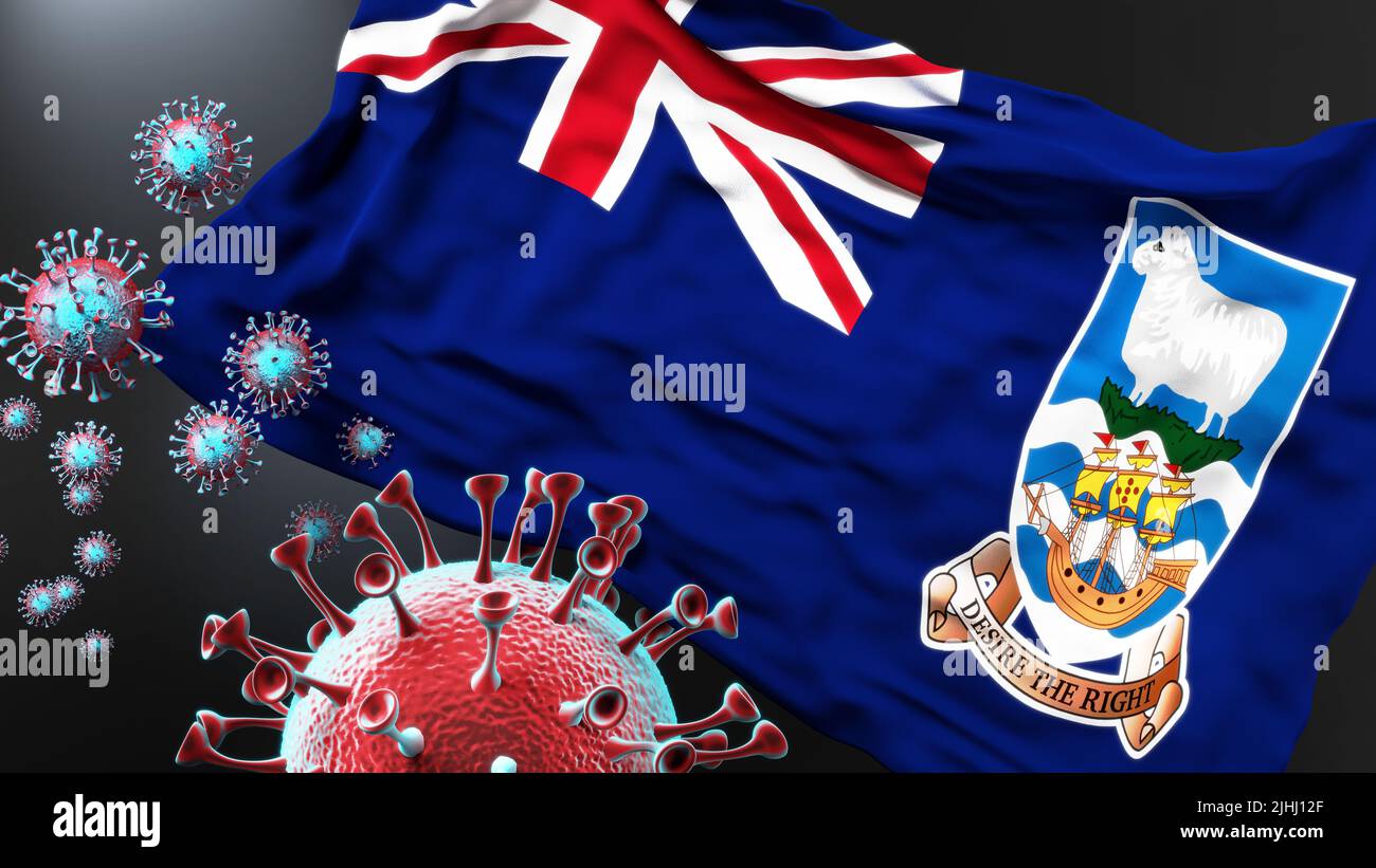 Falkland Islands Malvinas and the covid pandemic - corona virus attacking its national flag to symbolize fight with the virus in this country,3d illus Stock Photo