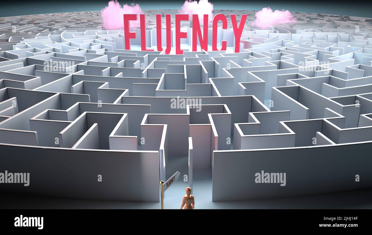 Fluency and a challenging path that leads to it - confusion and frustration in seeking it, complicated journey to Fluency,3d illustration Stock Photo