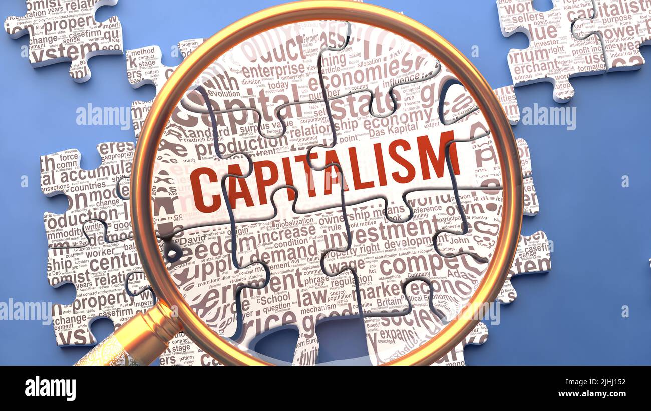 Capitalism as a complex and multipart topic under close inspection. Complexity shown as matching puzzle pieces defining dozens of vital ideas and conc Stock Photo