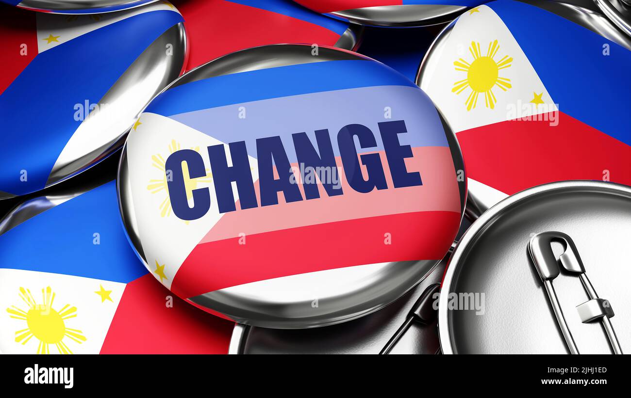 Change in Philippines - national flag of Philippines on dozens of pinback buttons symbolizing upcoming Change in this country. ,3d illustration Stock Photo