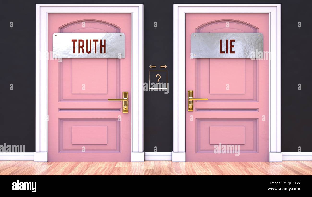 Truth or Lie - making decision by choosing either one. Two alternative options manifested as doors leading to different outcomes. Selection and pickin Stock Photo