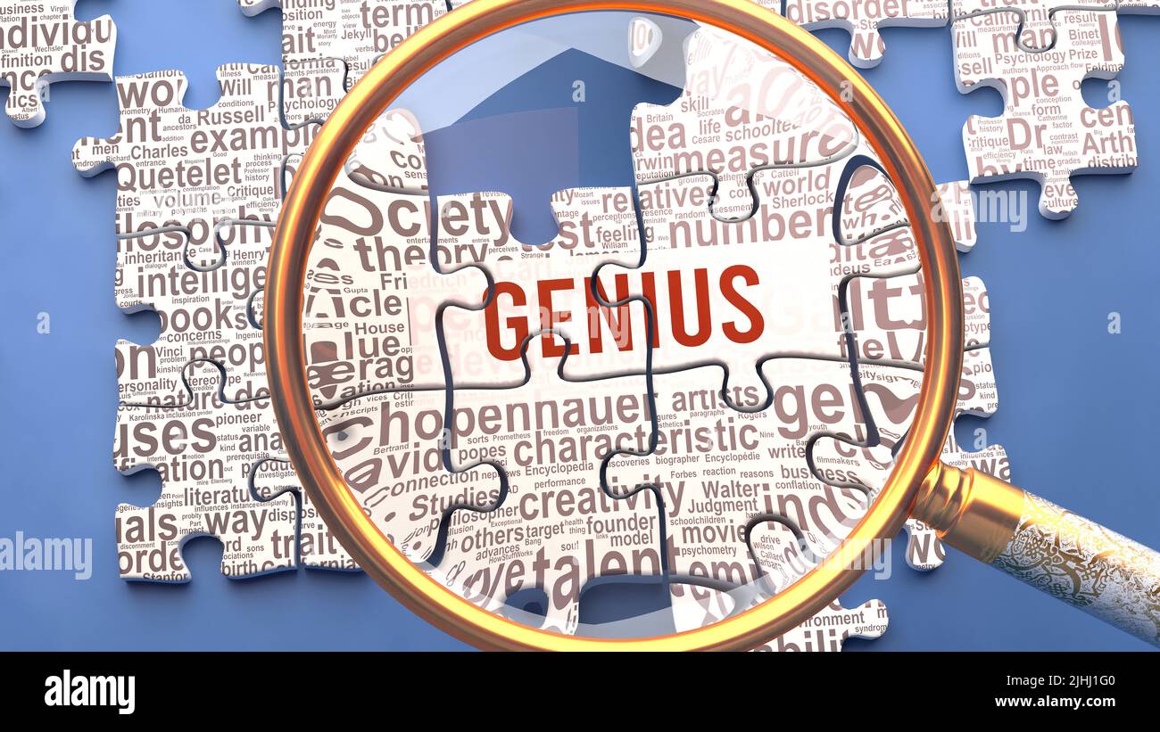 Genius as a complex and multipart topic under close inspection. Complexity shown as matching puzzle pieces defining dozens of vital ideas and concepts Stock Photo