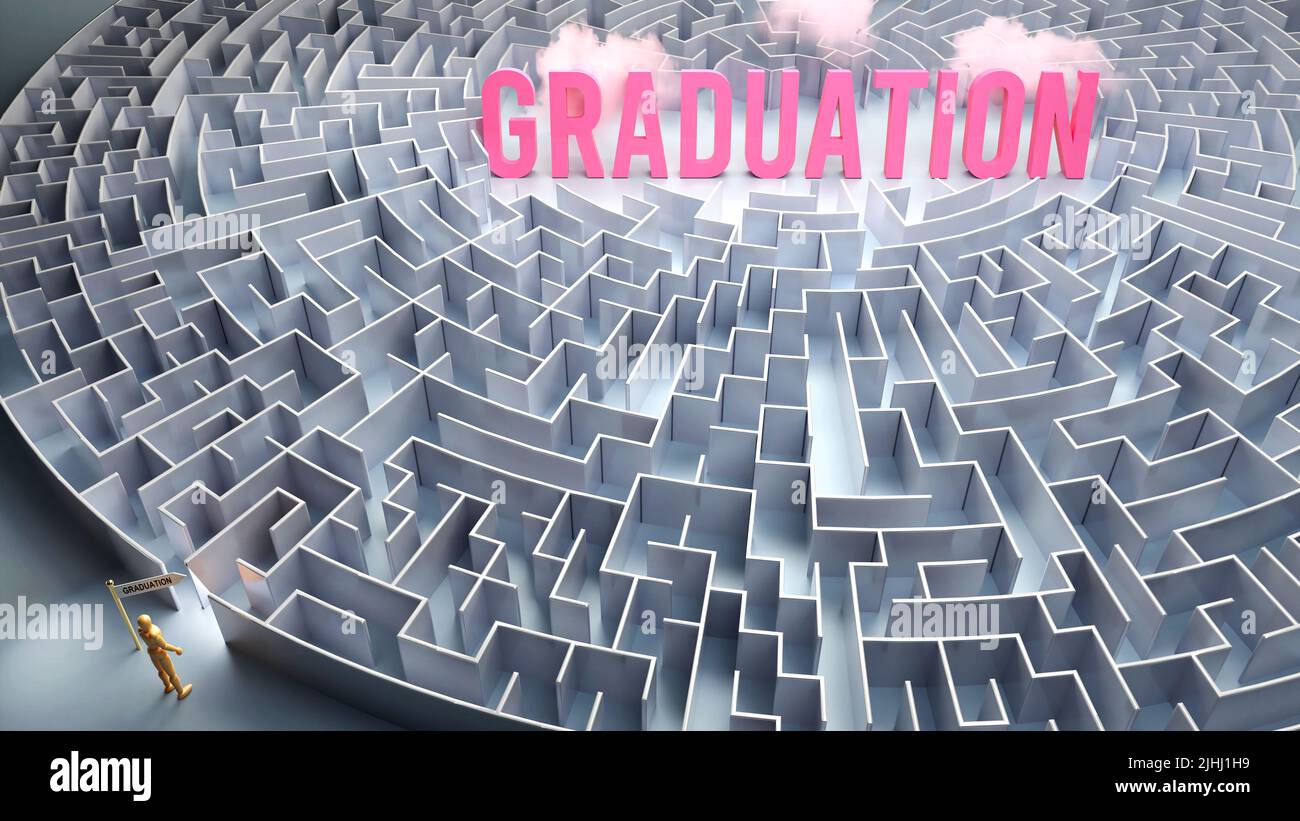 Graduation and a difficult path, confusion and frustration in seeking it, hard journey that leads to Graduation,3d illustration Stock Photo