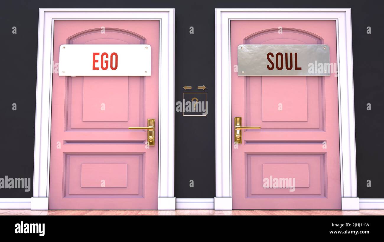 Ego or Soul - making decision by choosing either one. Two alternative options manifested as doors leading to different outcomes. Selection and picking Stock Photo