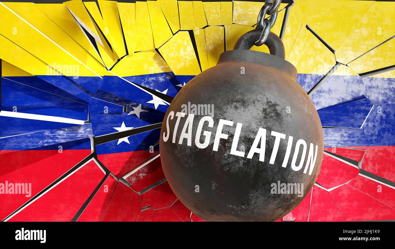 Stagflation and Venezuela Bolivarian Republic of, destroying economy and ruining the nation. Stagflation wrecking the country and causing  general dec Stock Photo