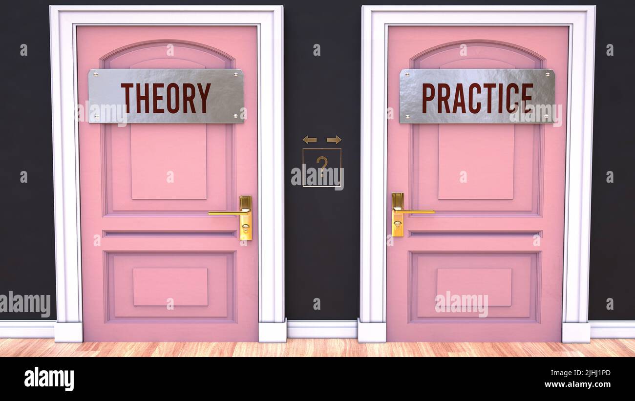 Theory or Practice - making decision by choosing either one option. Two alaternatives shown as doors leading to different outcomes.,3d illustration Stock Photo