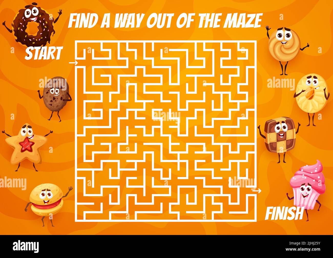 Cartoon bakery pastry cakes and cookies, labyrinth maze or vector game