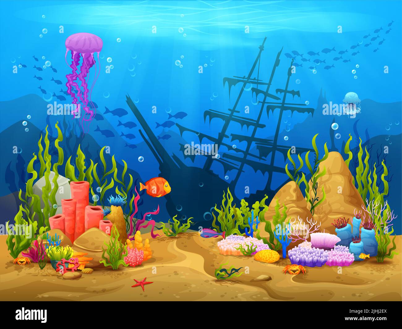 Underwater game level landscape, corals, fish shoal and sunken ship ...