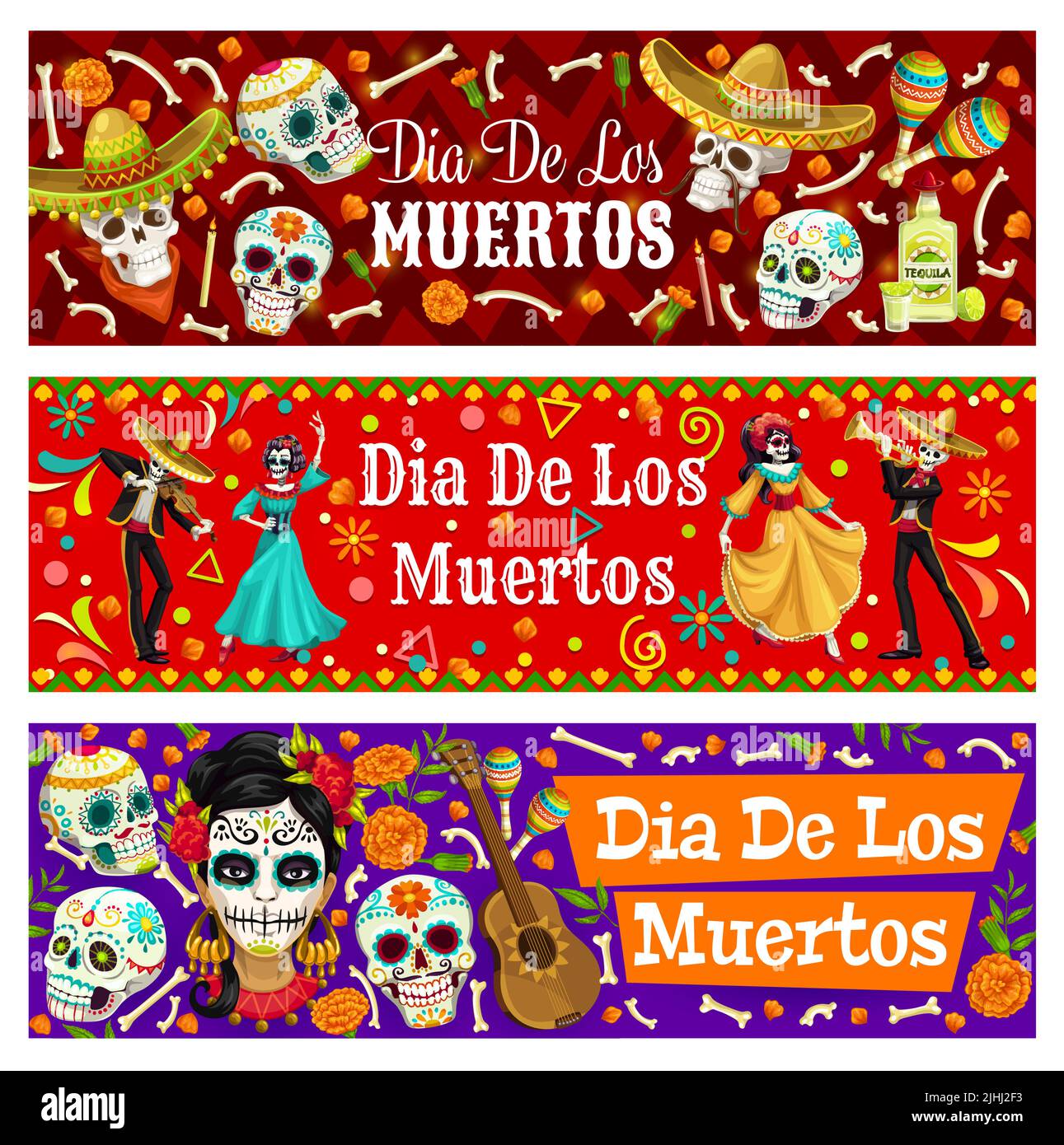 Dia de los Muertos Mexican characters and sugar calavera skulls. Day of ...