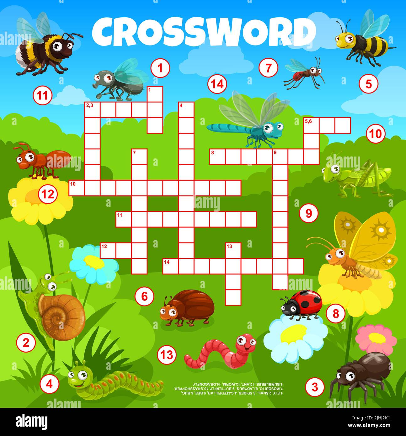 Cartoon funny insects characters, crossword grid worksheet, vector find