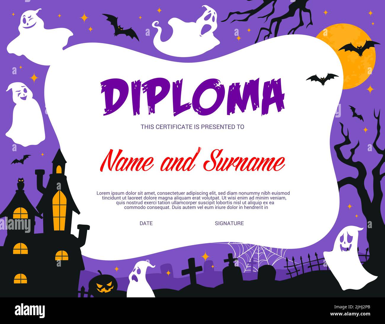 Kids diploma, Halloween ghosts on cemetery, vector education ...