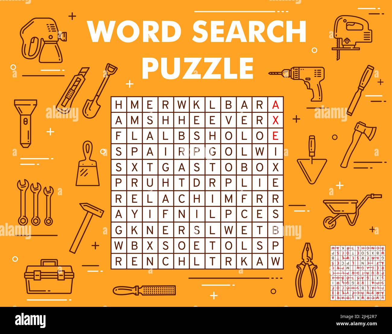 Construction, DIY and repair tools word search puzzle game. Vector