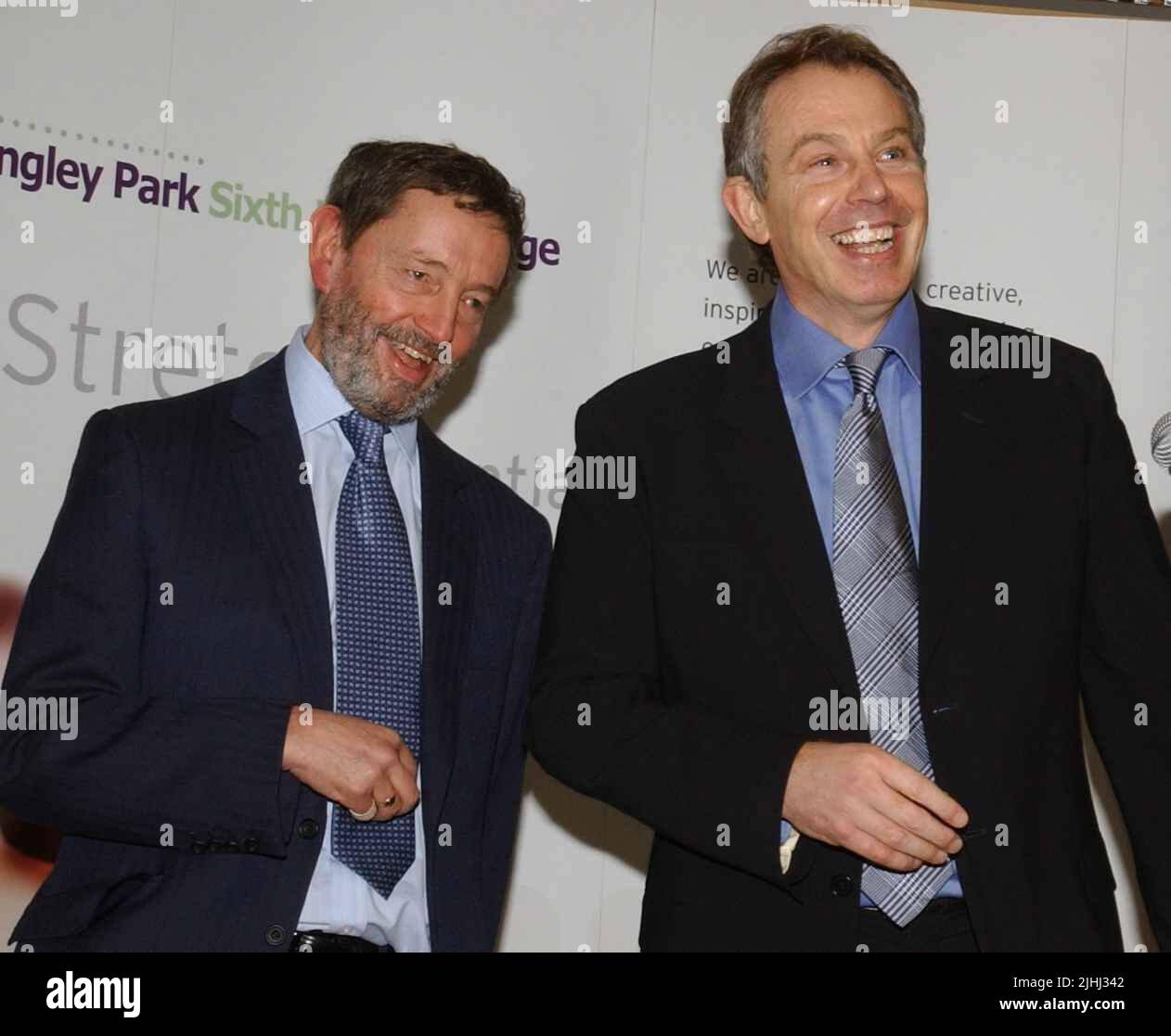 File photo dated 09/12/04 of the then prime minister Tony Blair (right) and David Blunkett at Longley Park Sixth Form School, Sheffield. Blair was warned about the Labour government's commitment to scrapping the infamous law banning the 'promotion' of homosexuality in schools in the run-up to the 2001 general election, records show. Blunkett, then the education secretary, twice wrote to the prime minister to voice his concerns regarding the furore over Section 28. Issue date: Tuesday July 19, 2022. Stock Photo