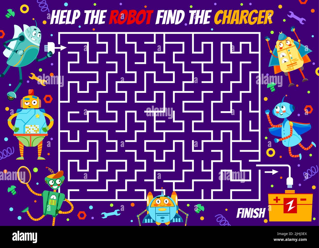. Lave om Diskant Labyrinth maze worksheet, help robot to find charger, vector puzzle game.  Labyrinth or kids escape riddle