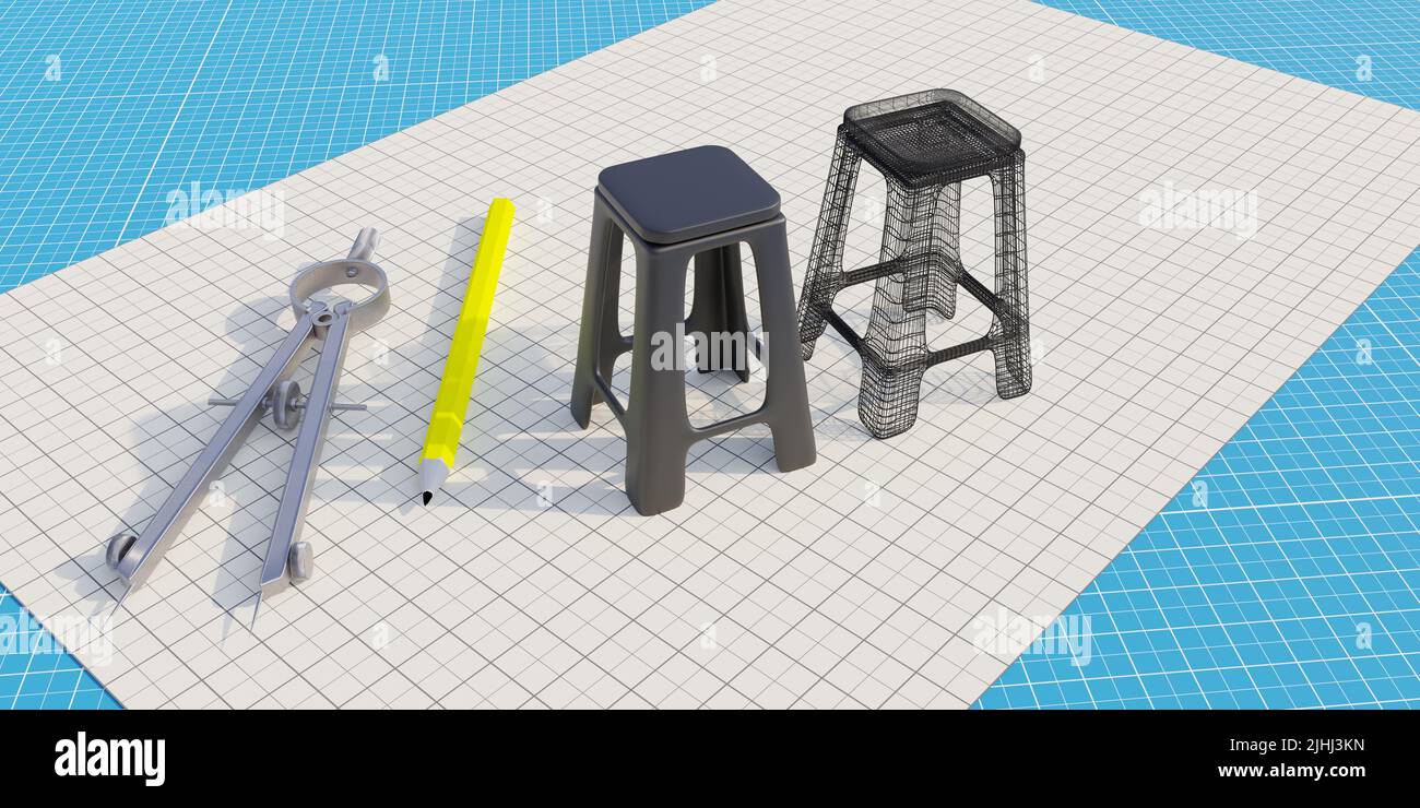 Design furniture blueprint concept. Stool, pencil and calipers on